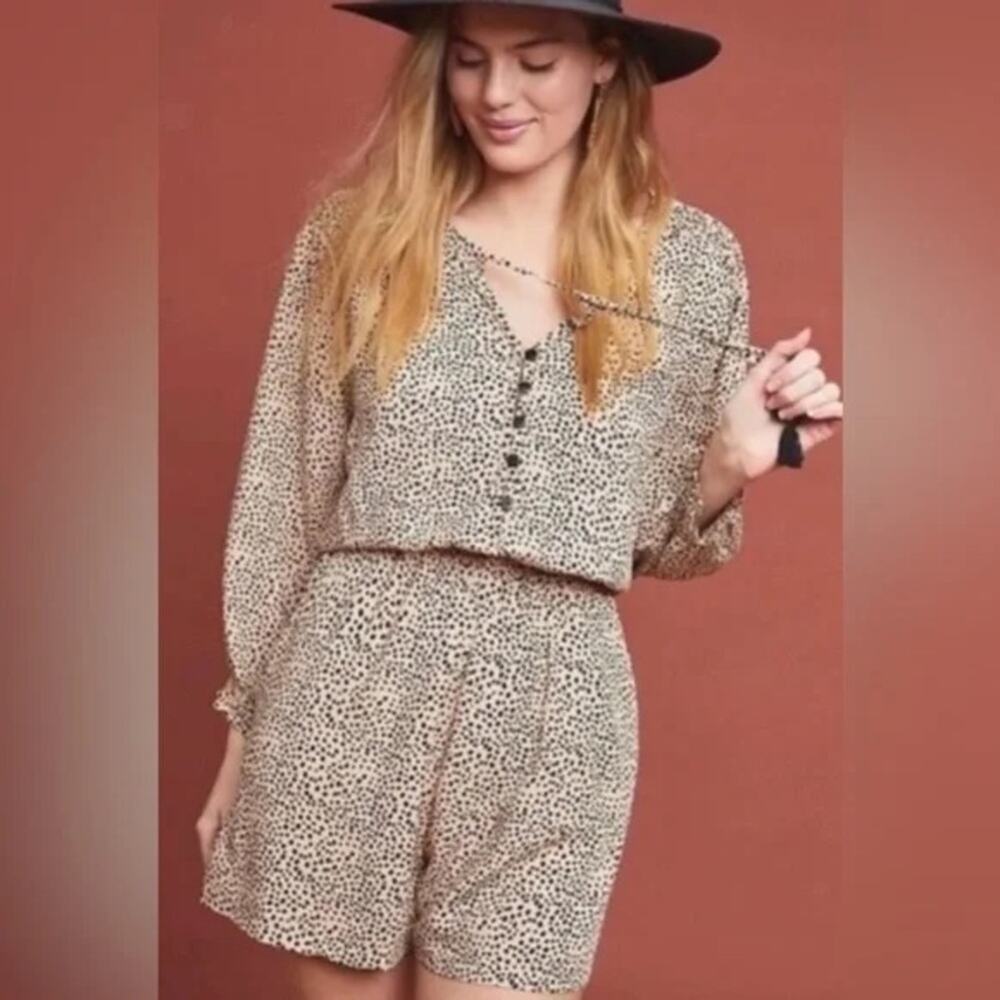 Anthropologie Beachgold Tan Spotted Tassel Romper With Pockets Size Small